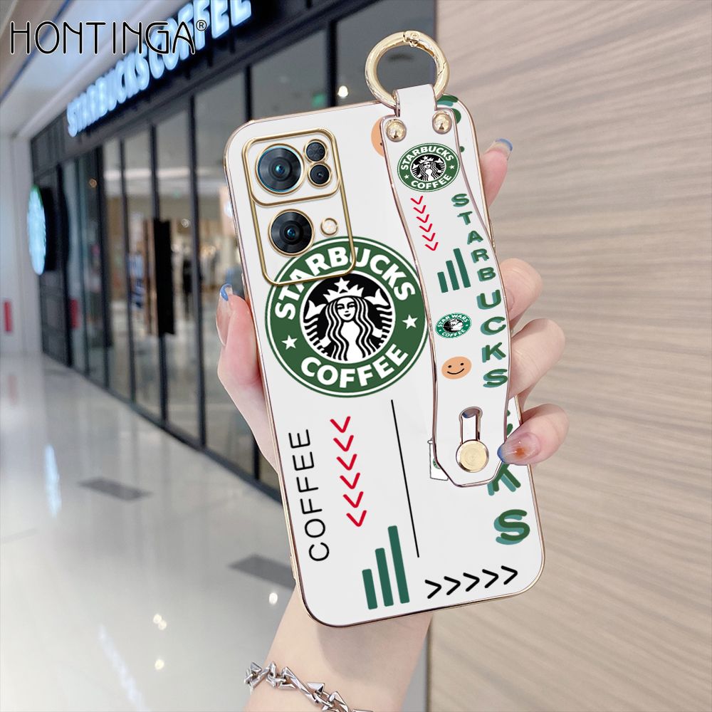 Hontinga for OPPO Reno7 Pro 5G Back Cover With Wristband Luxury 6D Plating Coffee Sign Case Soft Silicone Square Phone Cases