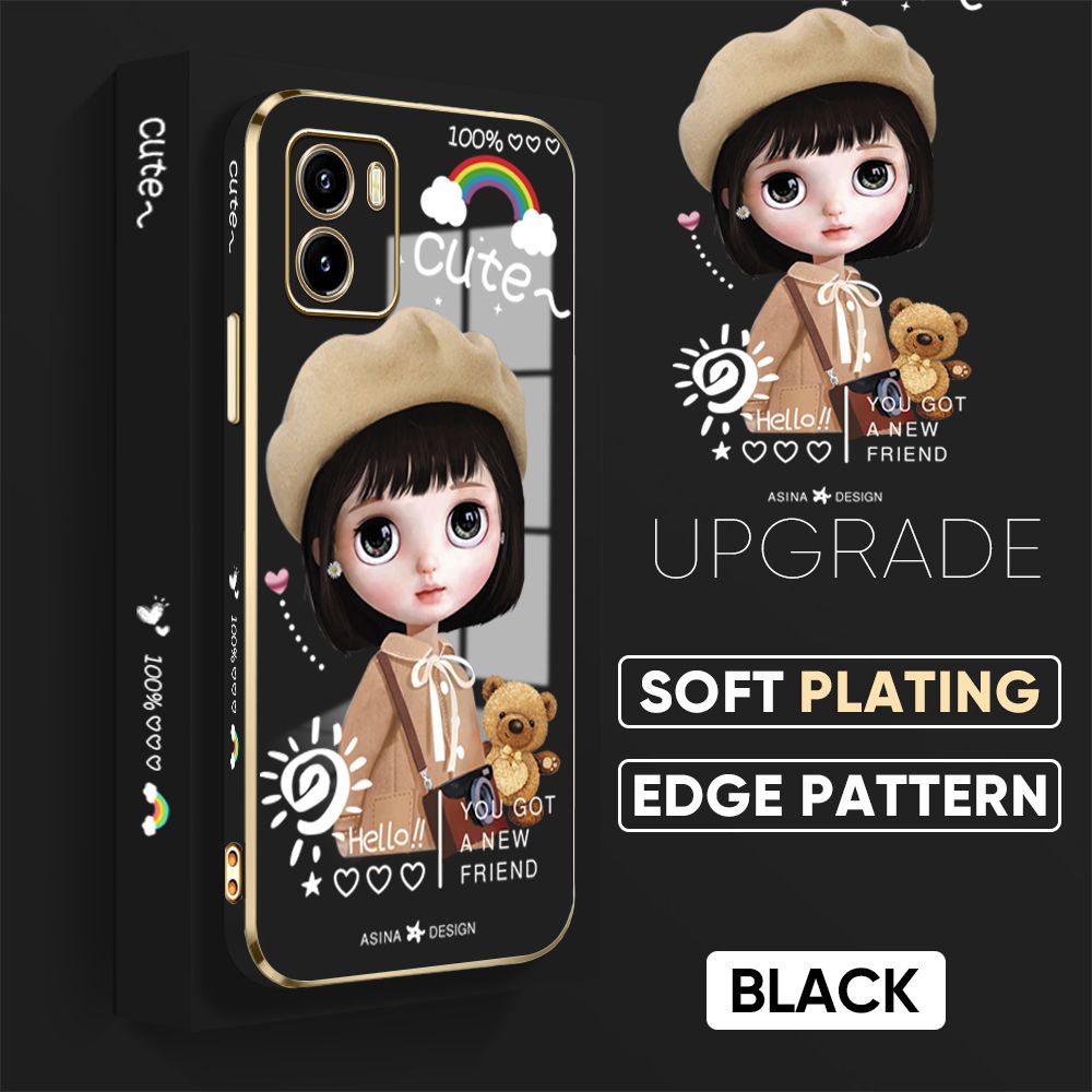 Jizetin (Free Lanyard) Vivo Y15S Y15A Back Cover Fashion Girl Luxury 6D Plating Case Side Pattern Soft Silicone Square Phone Cases