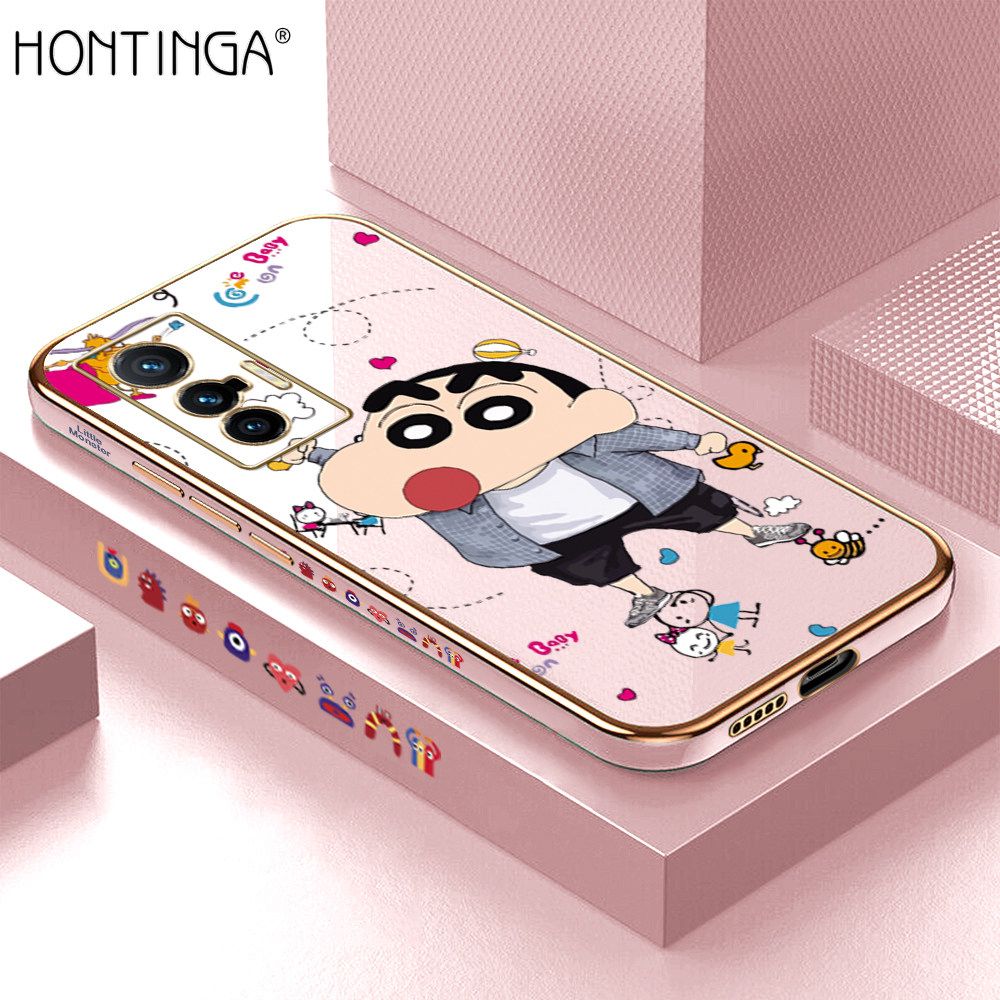 Hontinga for Vivo X70 5G Back Cover + Free Lanyard Luxury 6D Plating Cartoon Crayon Shin-chan Side Pattern Case Soft Silicone Square Phone Cases