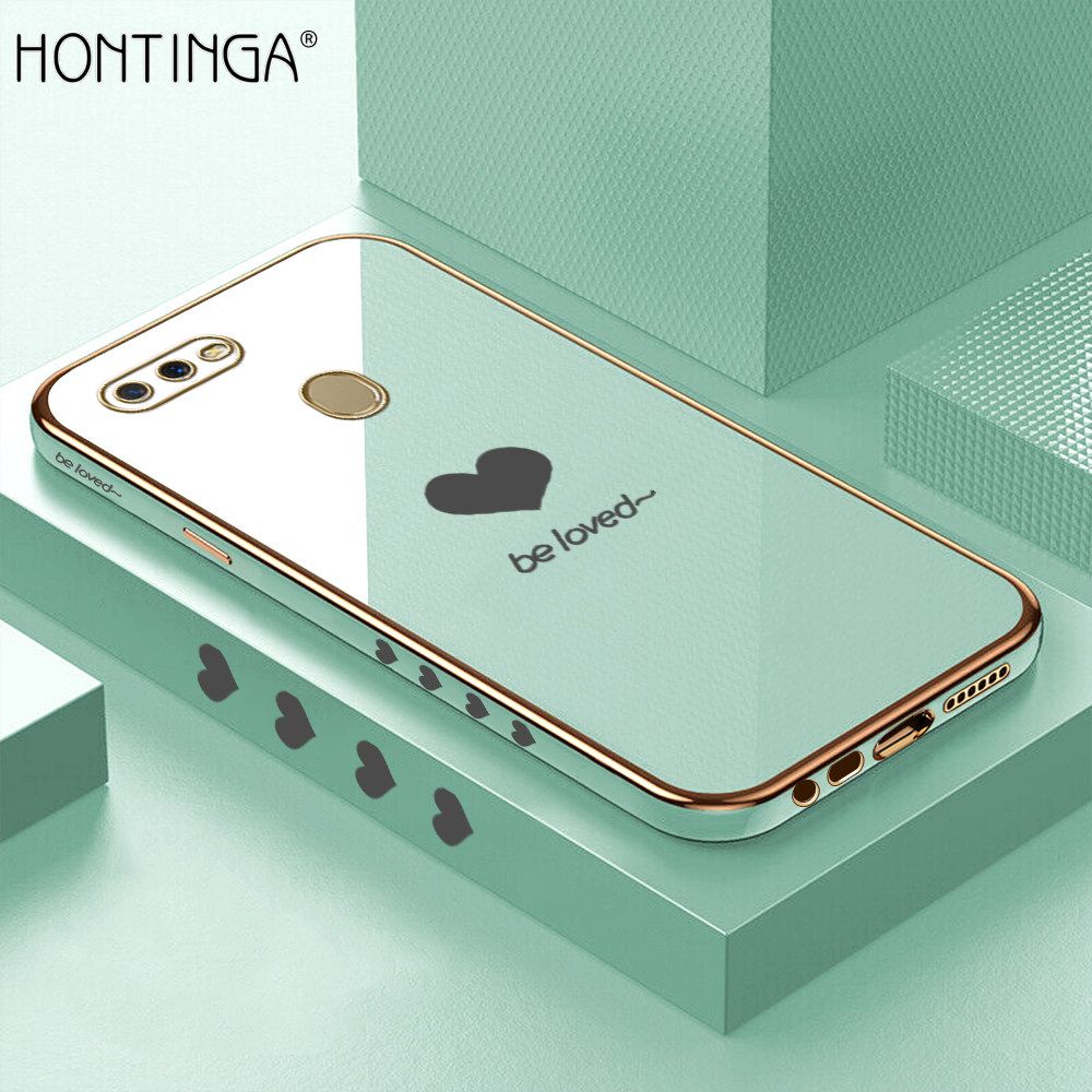 Hontinga for OPPO A5S A7 A12 A12S Case + Free Lanyard Luxury 6D Plating Soft Casing Silicone Square Frame Phone Case Shiny Bling Back Cover Lover Heart Side Pattern Case