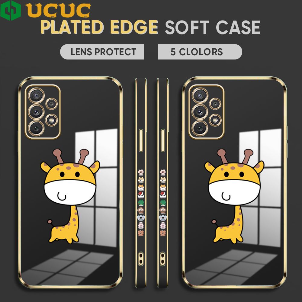UCUC for Samsung Galaxy A72 / A72 5G Back Cover + Free Lanyard Big Head Giraffe Luxury 6D Plating Case Side Pattern Soft Silicone Square Phone Cases