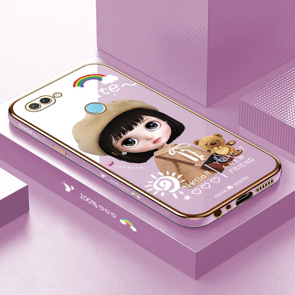 Luxury 6D Plating Case for OPPO F9 Cute Satchel Girl Side Pattern Back Cover Soft Silicone Square Phone Cases + Free Lanyard