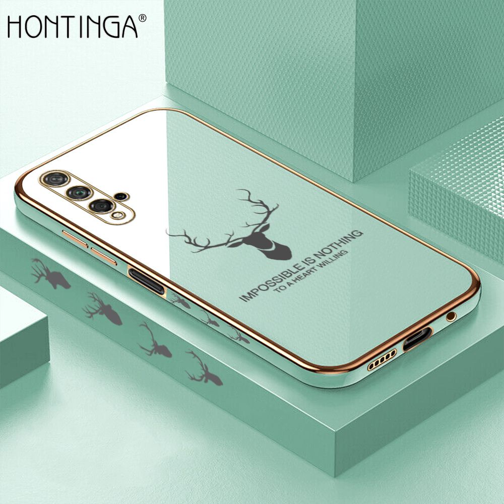 Hontinga for Honor 20 / Huawei Nova 5T Back Cover + Free Lanyard Luxury 6D Plating Cartoon Lucky Deer Side Pattern Case Soft Silicone Square Phone Cases