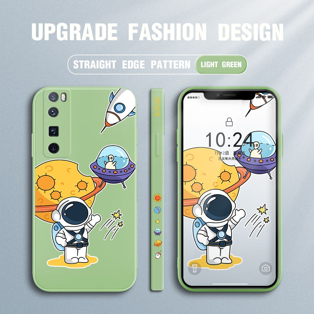 Jizetin for Huawei Nova 7 Pro Case Side Design Phone Cover Moon Space Astronaut Cover Square Edge Pattern Liquid Silicone Trend Case