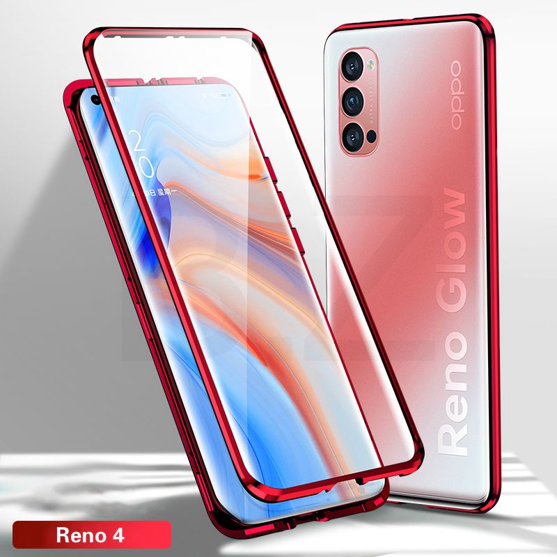 For OPPO Reno 4 Magnetic Case 360 Front+Back double-sided 9H Tempered Glass Case For OPPO Reno 4 Metal Bumper Case