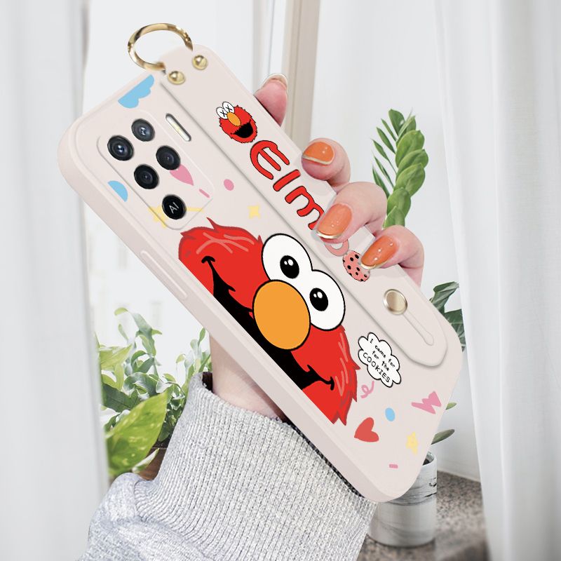 Jizetin for OPPO Reno5 F Wrist Strap Case Creative Cartoon Red Haired Monster Cover Ultra Thin Anti Fall Liquid Silicone Phone Case