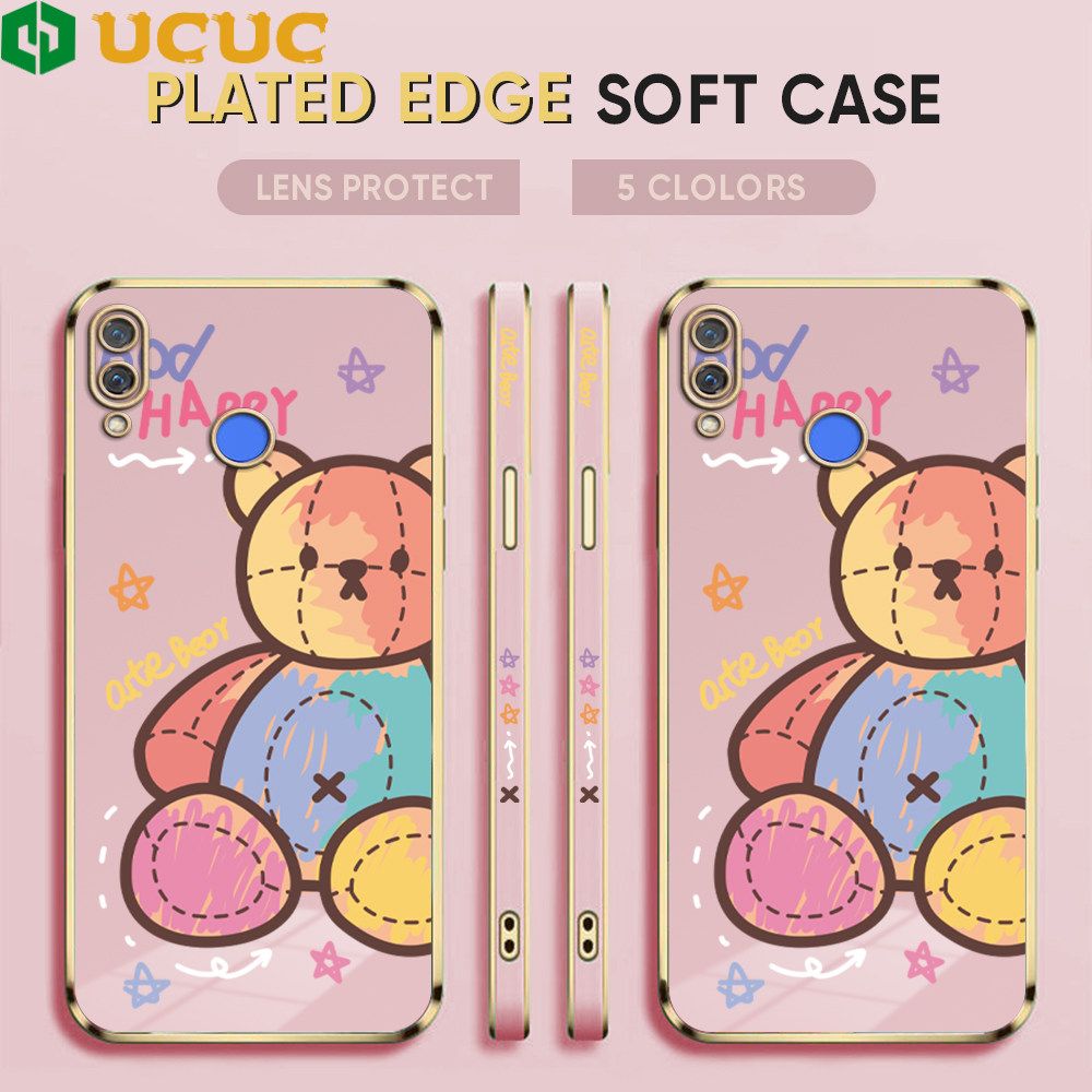 UCUC for Huawei Nova 3i P Smart Plus Back Cover + Free Lanyard Colorful Muppet Bear Luxury 6D Plating Case Side Pattern Soft Silicone Square Phone Cases