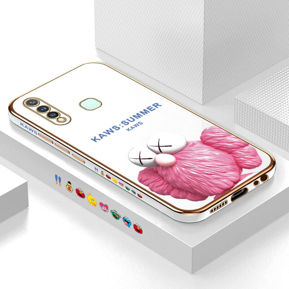 Luxury 6D Plating Soft Casing Silicone Square Frame Phone Case For Vivo Y19 Case Shiny Bling Back Cover Cartoon Pink Doll Square Edge Pattern Design Soft Case + Free Lanyard