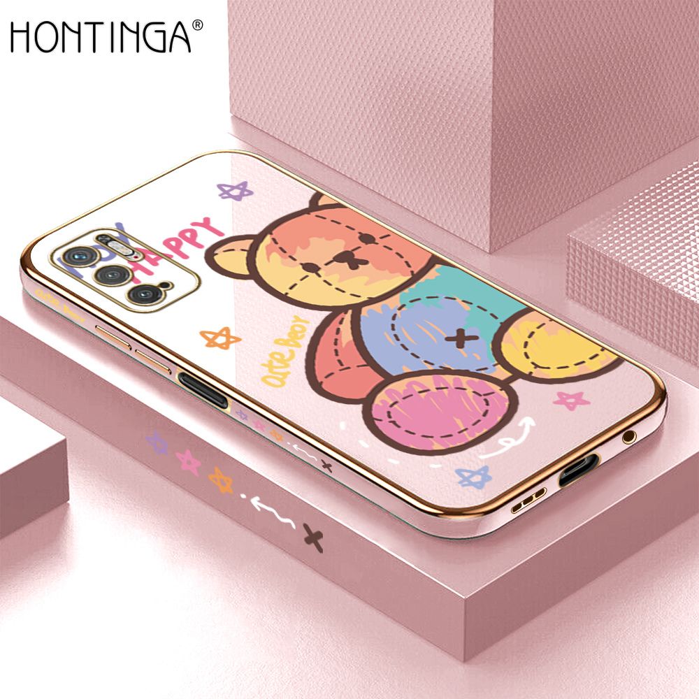 Hontinga for Xiaomi Poco M3 Pro 5G Case Luxury 6D Plating Soft Casing Silicone Square Frame Phone Cover Shiny Bling Side Print Alphabet Rainbow Cases