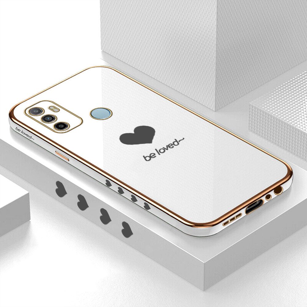Luxury 6D Plating Soft Casing Silicone Square Frame Phone Case For OPPO A33 2020 Case Shiny Bling Back Cover Lover Heart Square Edge Pattern Design Soft Case + Free Lanyard