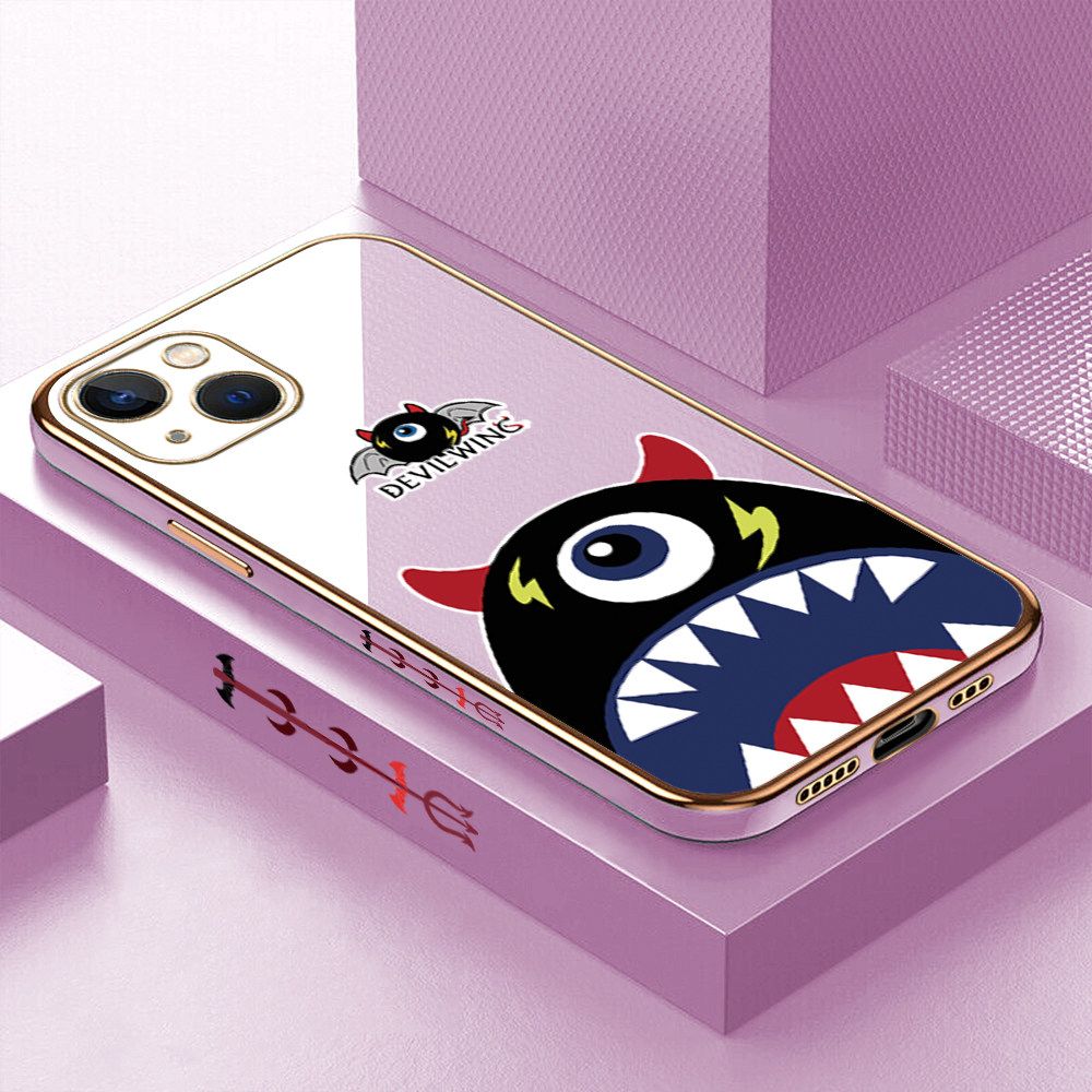 Luxury 6D Plating Case for iPhone 13 Cartoon One-eyed Devil Wing Side Pattern Back Cover Soft Silicone Square Frame Shiny Bling Phone Cases + Free Lanyard