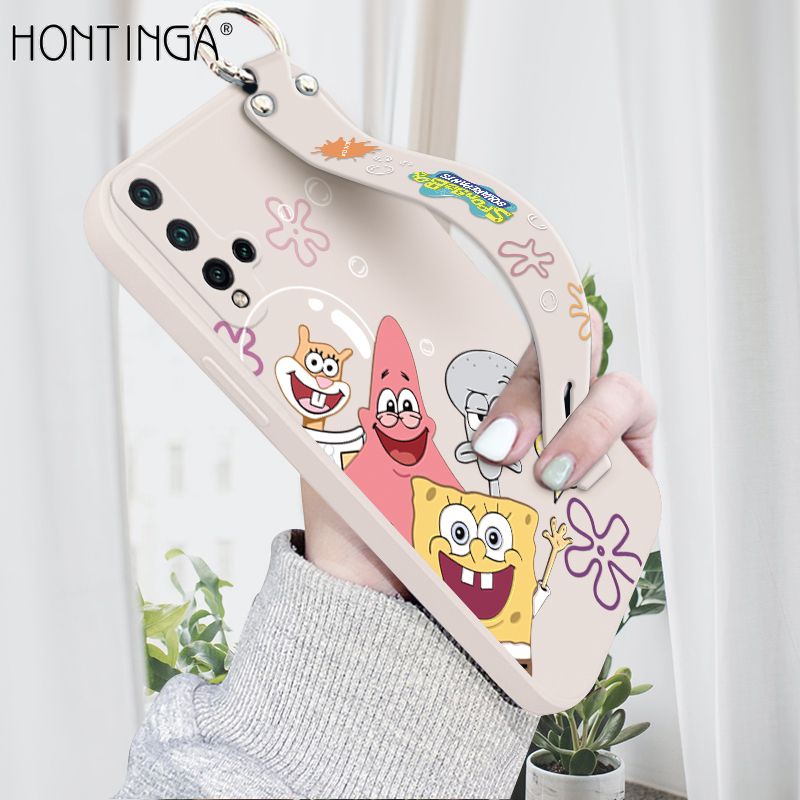 Hontinga for Huawei Nova 5 Wrist Strap Case Cute Cute Funny Cartoon Sponge for Square Pants Cover Square Edge Liquid Silicone Anti-drop Phone Case