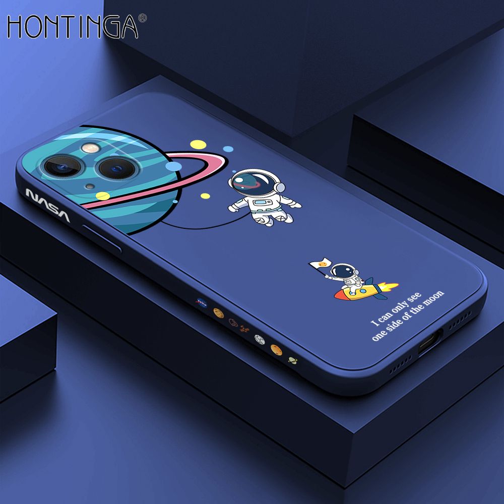 Hontinga for iPhone 13 Case Cartoon Astronaut Side Design Back Cover Soft Square Edge Liquid Silicone Phone Cases