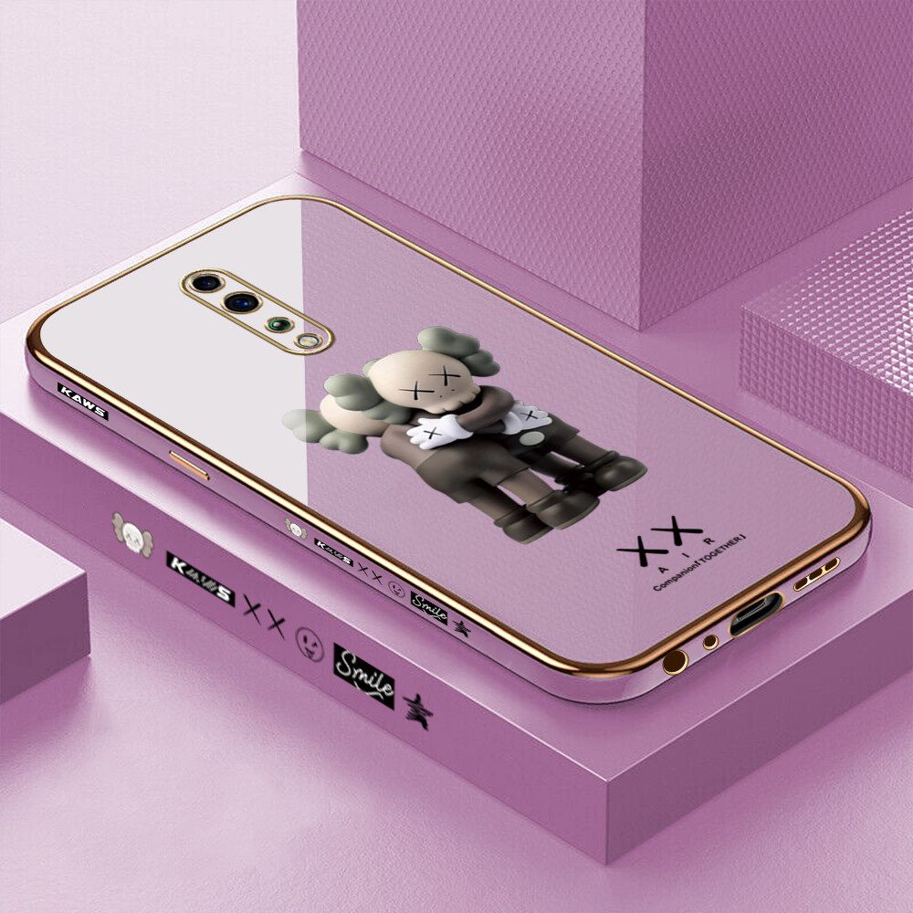 Luxury 6D Plating Case for OPPO Reno Z Embrace Cartoon Bear Side Pattern Back Cover Soft Silicone Square Frame Shiny Bling Phone Cases + Free Lanyard