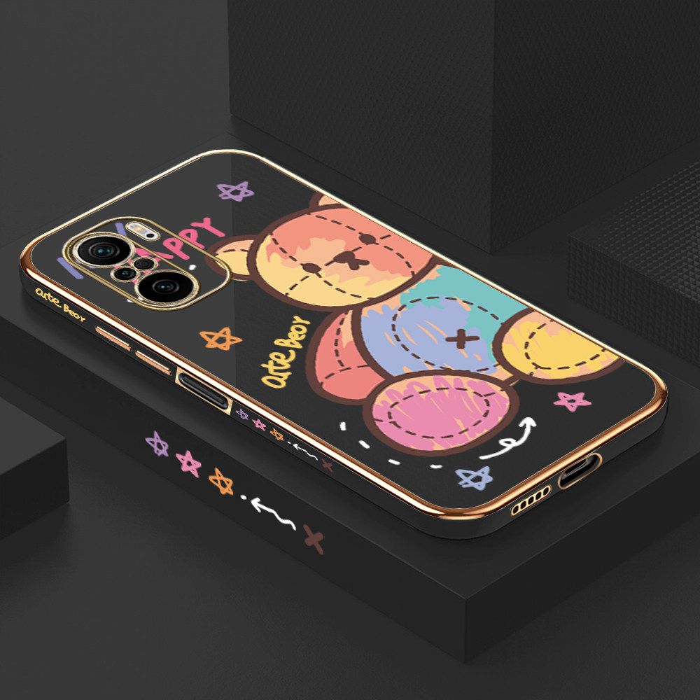 Luxury 6D Plating Case for Redmi K40 Color Cartoon Doll Bear Side Pattern Back Cover Soft Silicone Square Frame Shiny Bling Phone Cases + Free Lanyard