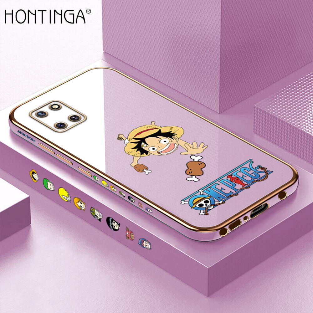 Hontinga for Samsung Note 10 Lite Back Cover + Free Lanyard Luxury 6D Plating Cartoon Meaty Luffy Side Pattern Case Soft Silicone Square Mobile Cover
