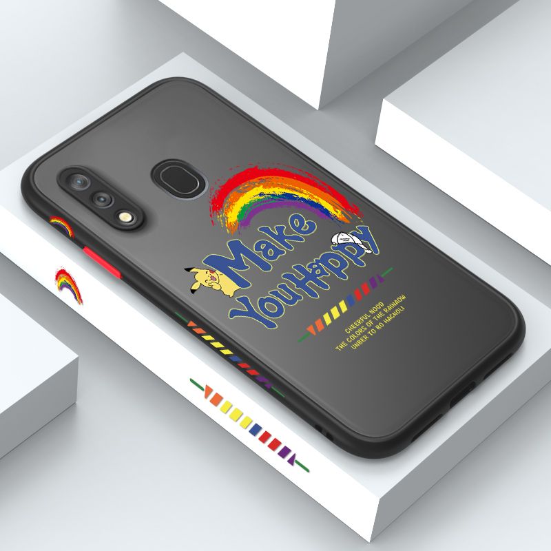 ZeroQiQi for Samsung A20 Case Creative Cartoon Rainbow Pikachu Side Printing Cover Frosted Ultra Thin Protective Anti Fall Phone Case