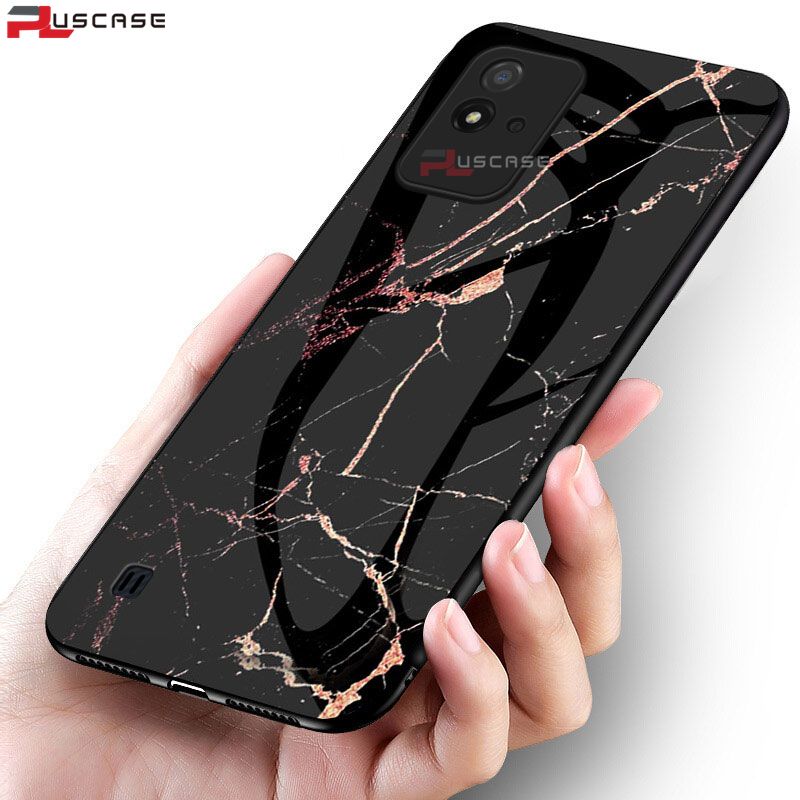 PlusCase for Realme Narzo 50i Case Glass Marble Pattern Hard Shockproof Phone Back Cover