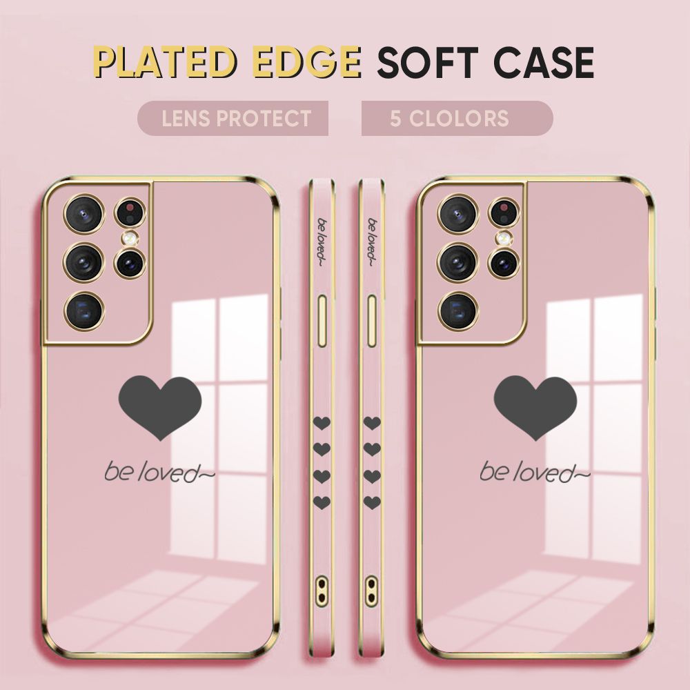 Luxury 6D Plating Case for Samsung S21 Ultra 5G Phone Cases Lover Heart Side Print Soft Silicone Square Back Cover