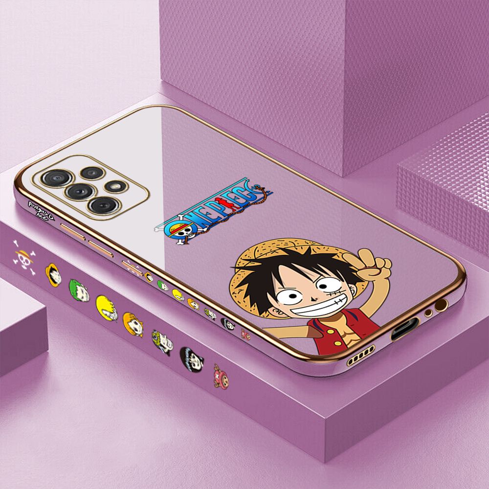 Luxury 6D Plating Case for Samsung A72 5G/4G Happy Luffy Side Pattern Back Cover Soft Silicone Square Phone Cases + Free Lanyard