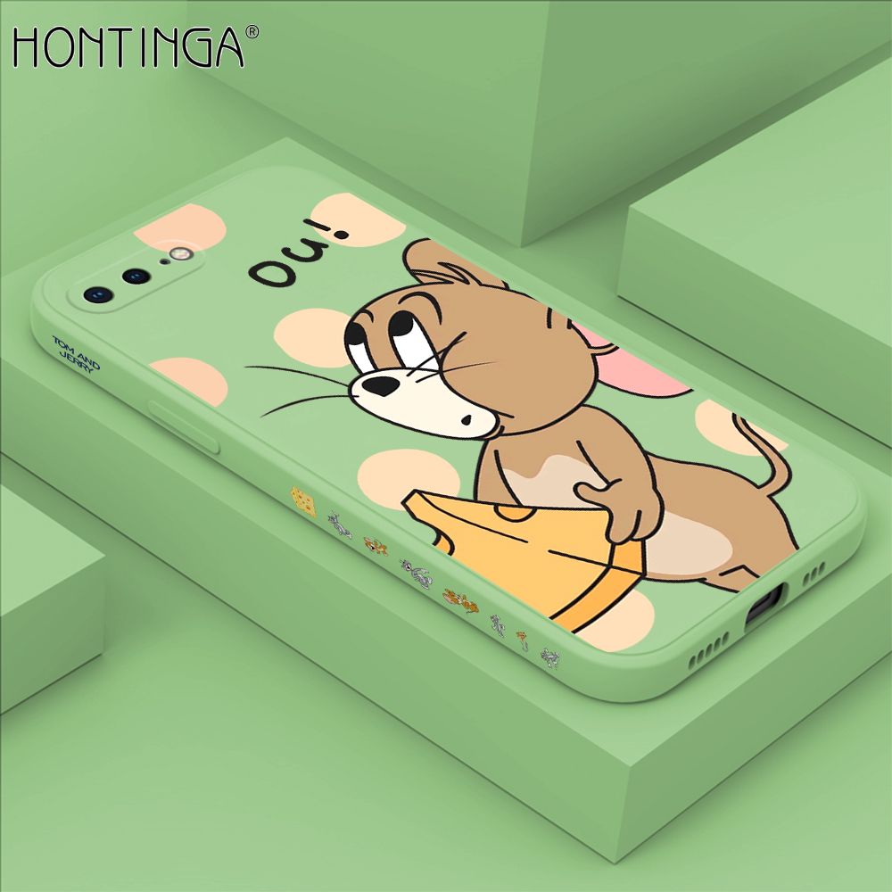 Hontinga for iPhone 8 Plus Case Side Design Cute Cartoon Mouse Back Cover Soft Square Edge Pattern Liquid Silicone Trend Phone Cases