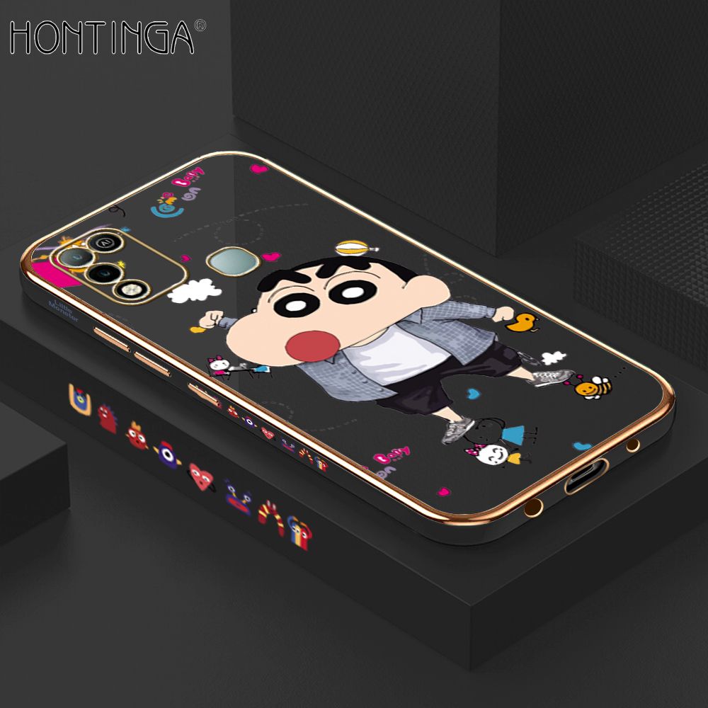 Hontinga for Infinix Hot 10 Play/Hot 11 Play Back Cover + Free Lanyard Luxury 6D Plating Cartoon Crayon Shin-chan Side Pattern Case Soft Silicone Square Phone Cases