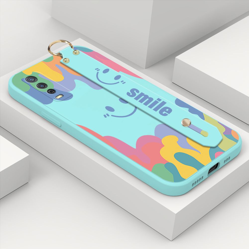 ZeroQiQi for Vivo Y12A Wrist Strap Case Soft Candy Color Splash Ink Cover Trend Square Printed Pattern Liquid Silicone Phone Case