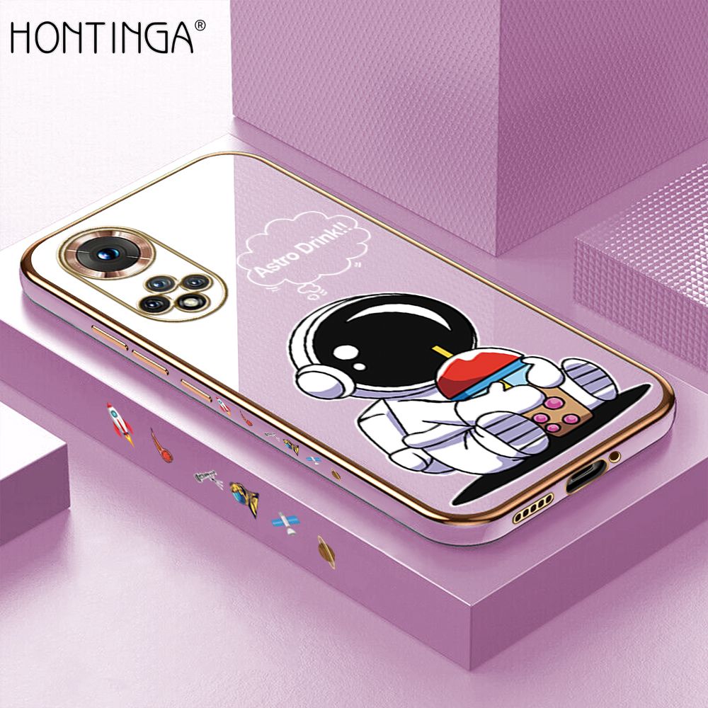 Hontinga for Honor 50 Back Cover + Free Lanyard Luxury 6D Plating Cartoon Happy Astronaut Side Pattern Case Soft Silicone Square Mobile Cover