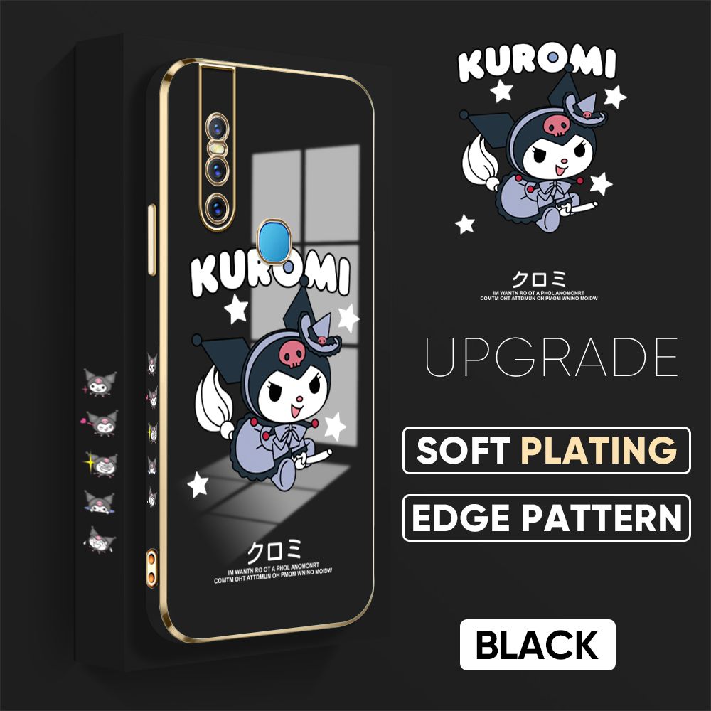Jizetin (Free Lanyard) Vivo V15 Cover Cute Kuromi Luxury 6D Plating Soft Casing Silicone Square Frame Phone Case Shiny Bling Back Cover