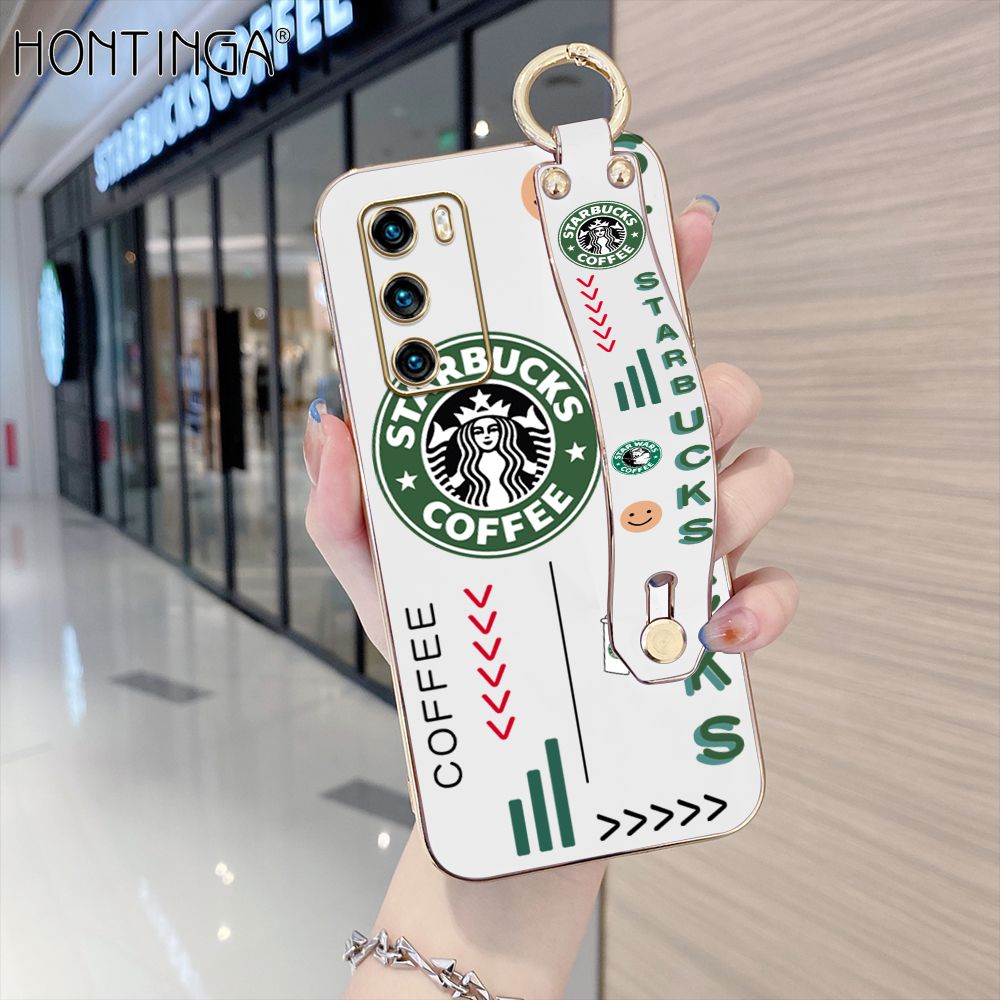 Hontinga for Huawei P40 Back Cover With Wristband Luxury 6D Plating Coffee Sign Case Soft Silicone Square Phone Cases