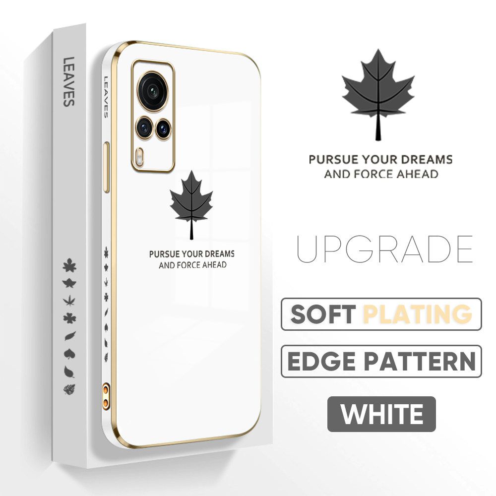 Jizetin (Free Lanyard) Vivo X60 Luxury 6D Plating Soft Casing Silicone Square Frame Phone Case Shiny Bling Back Cover Maple leaf New design Side Drawing Case