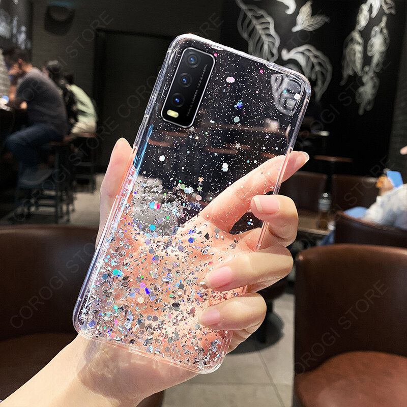 For Vivo Y12S Cover Fashion Shiny Glitter Starry Space Girls Slim Phone Case Clear Soft TPU Silicone Bumper Shockproof Protective Back Cover