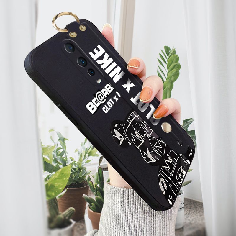 Jizetin for OPPO R17 Pro Wrist Strap Case Creative Cartoon Black Stitching Bear Cover Ultra Thin Anti Fall Liquid Silicone Phone Case