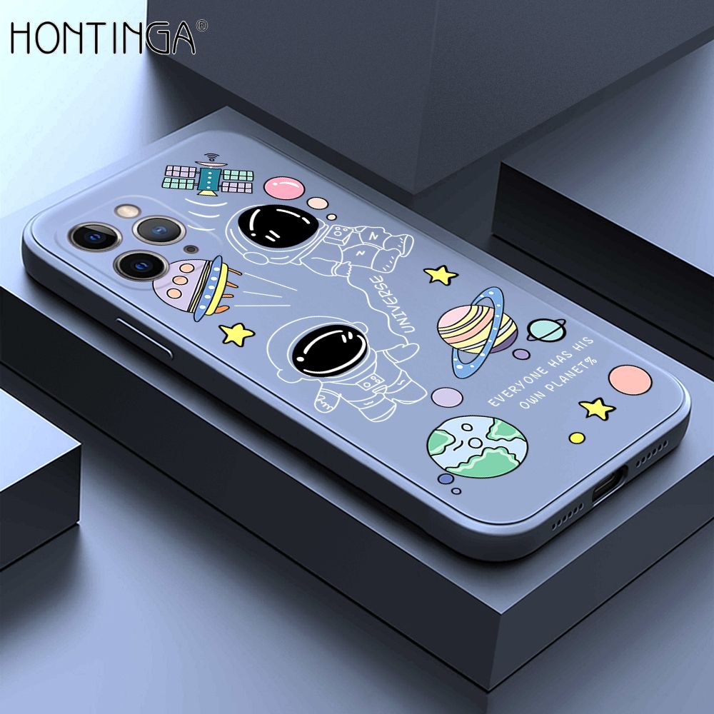 Hontinga for iPhone 11 Pro Max Case Fashion Earth Planet Astronaut Phone Case Soft Square Edge Silicone Cases Full Lens Cover Shockproof Protection Cover