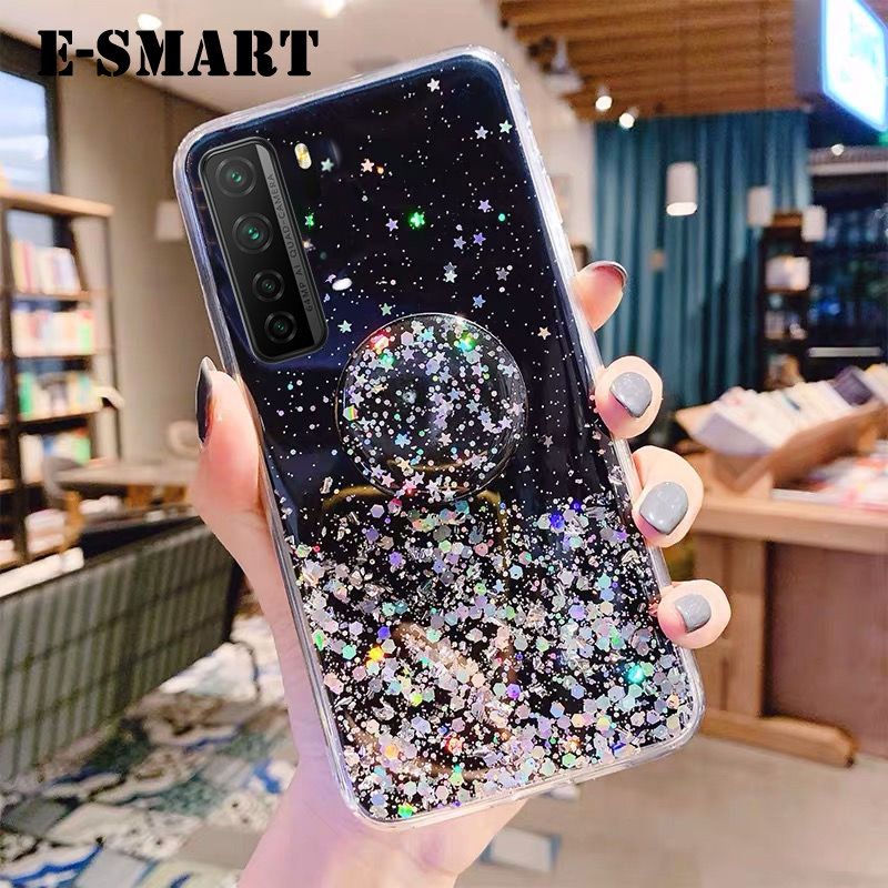 Phone case HuaWei Nova 7SE Back cover Shiny Ring Glitter Soft Transparent Holder Stand Back cover with String Glitter Space Stars Moon HuaWei Nova 7SE case