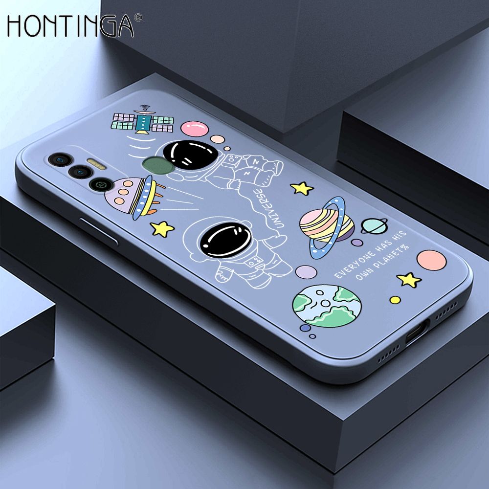 Hontinga for Tecno Spark 7 / Spark 7T Back Cover Earth Planet Astronaut Cases Square Edge Liquid Silicone Phone Case
