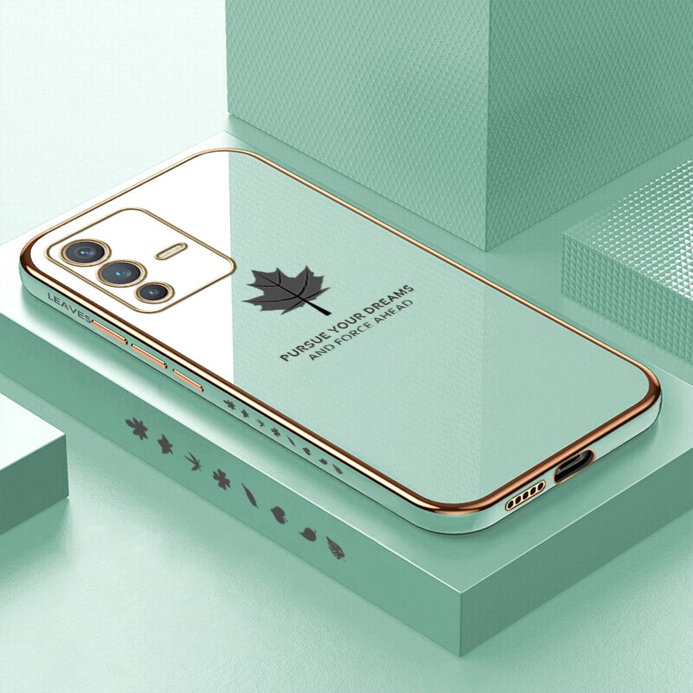 ZeroQiQi for Vivo V23 5G Back Cover Maple Leaf Luxury 6D Plating Case Side Pattern Soft Silicone Square Phone Cases + Free Lanyard