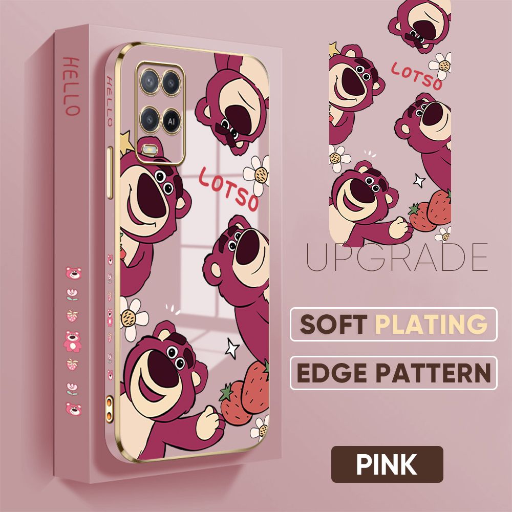 TA for OPPO A54 Back Cover + Free Lanyard Cute Bear Luxury 6D Plating Case Side Pattern Soft Silicone Square Phone Cases