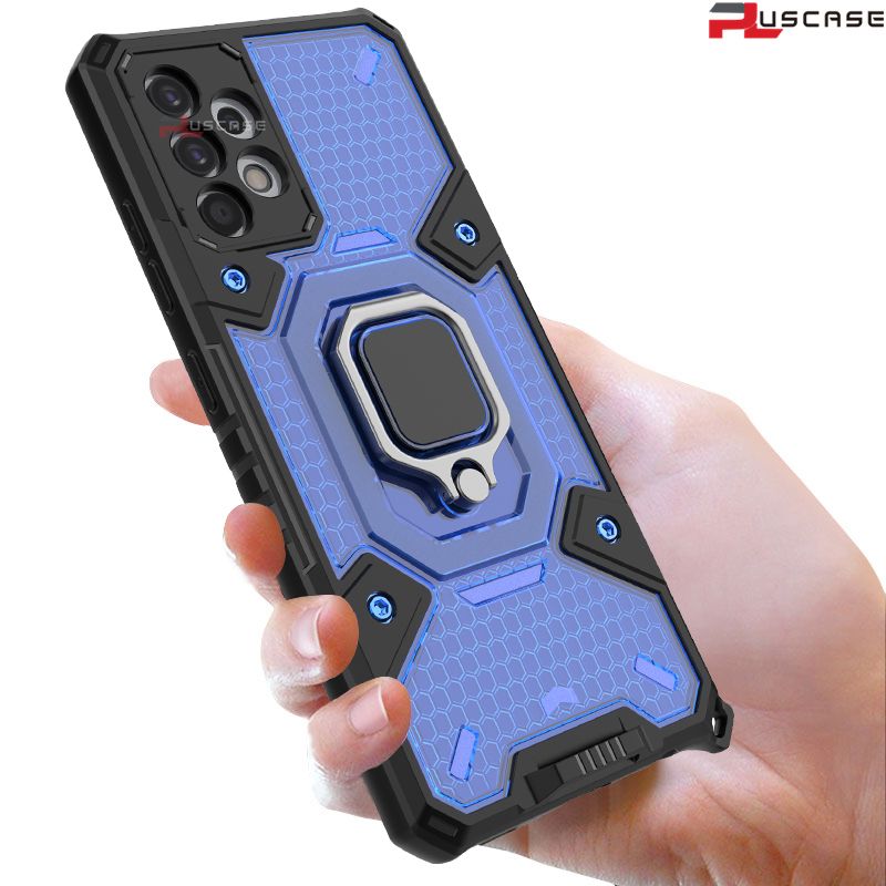 PlusCase for Samsung Galaxy A52 / A52s 5G Transparent Back Metal Ring Stand Case Shockproof Armor Cover with Lanyard