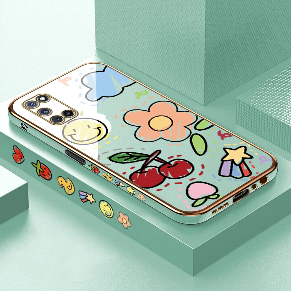 Luxury 6D Plating Case for OPPO A52 Color Cartoon cherry Peach Side Pattern Back Cover Soft Silicone Square Frame Shiny Bling Phone Cases + Free Lanyard