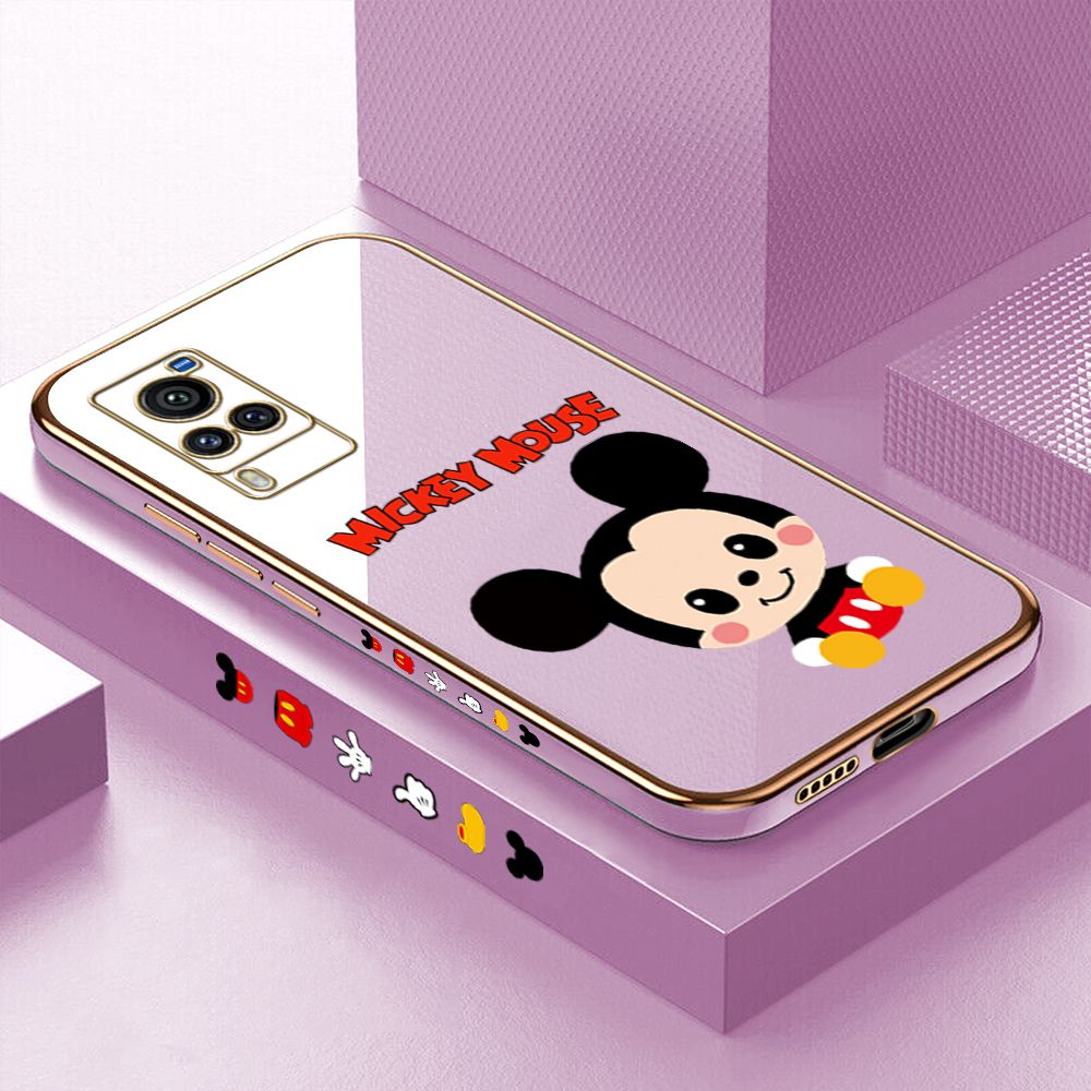 Luxury 6D Plating Case for Vivo X60 Pro Cute Cartoon Mouse Side Pattern Back Cover Soft Silicone Square Frame Shiny Bling Phone Cases + Free Lanyard