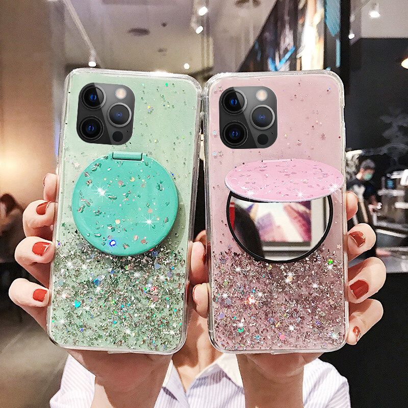 For iPhone 11 Shiny Ring Back Cover Glitter Soft Transparent Makeup Mirror Cases for iPhone11 Case Stars Moon Girls