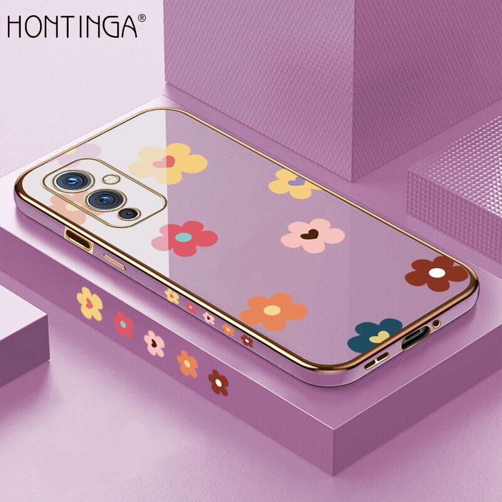 Hontinga for OnePlus 9 Back Cover + Free Lanyard Luxury 6D Plating Falling Flower Side Pattern Case Soft Silicone Square Mobile Cover