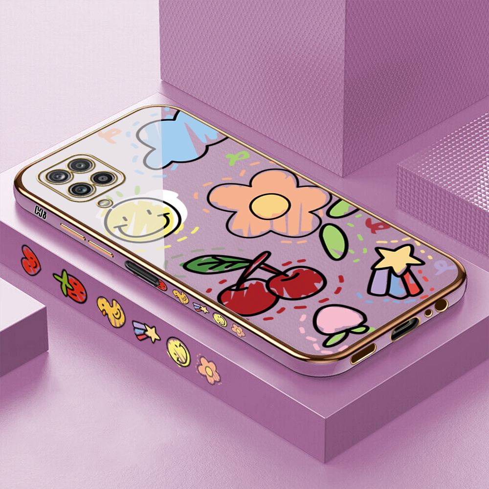 Luxury 6D Plating Case for Samsung A12 5G Color Cartoon cherry Peach Side Pattern Back Cover Soft Silicone Square Frame Shiny Bling Phone Cases + Free Lanyard