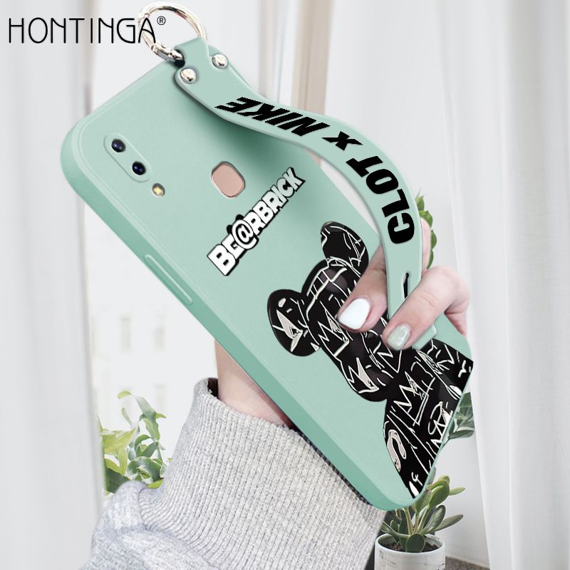 Hontinga for Vivo V9 Wrist Strap Case Fashion Cool Bear Cover Trend Square Printed Pattern Liquid Silicone Phone Case