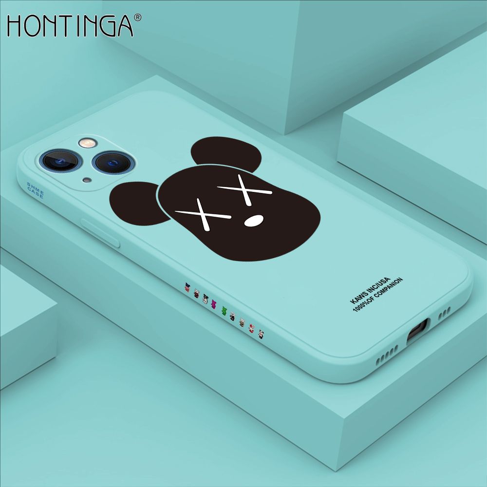 Hontinga for iPhone 13 Case Side Design Violent Bear Head Back Cover Soft Square Edge Pattern Liquid Silicone Trend Phone Cases