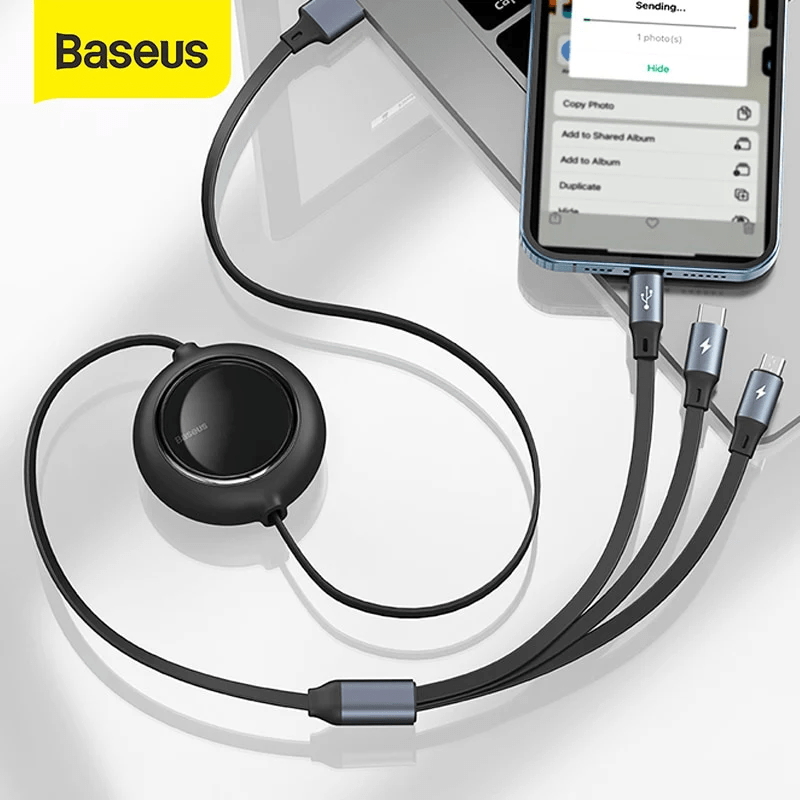 Baseus 3 in 1 USB Cable Fast Charging Cable Retractable Data Charger Cable for i_P 12 Type C Micro M+L+C 3.5A 1.2m