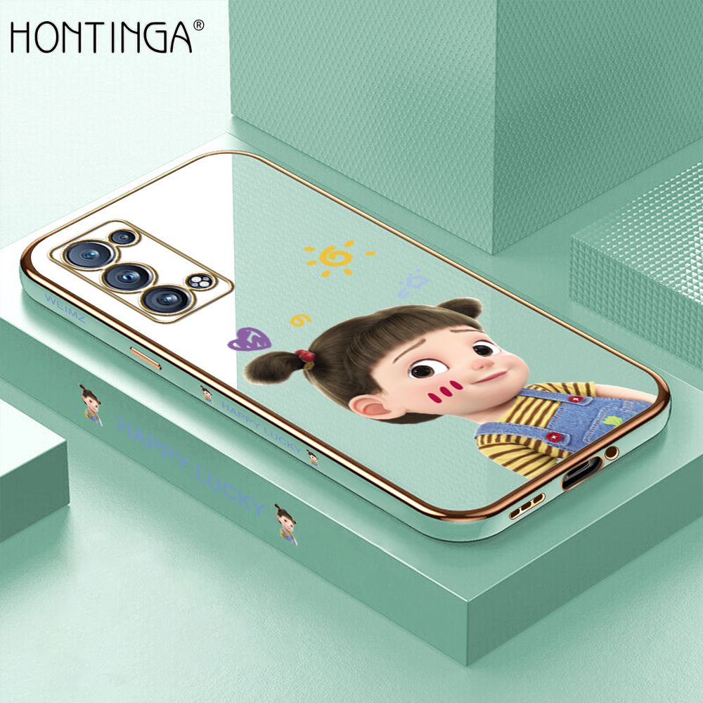 Hontinga for OPPO Reno6 Pro 5G Back Cover Luxury 6D Plating Cute Cartoon Happy Girl Side Pattern Case Soft Silicone Square Phone Cases