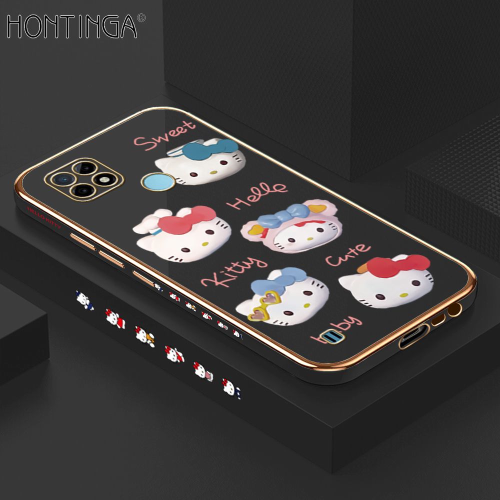 Hontinga for Realme C21Y C25Y Back Cover + Free Lanyard Luxury 6D Plating Cartoon Cute Kitty Side Pattern Case Soft Silicone Square Phone Cases