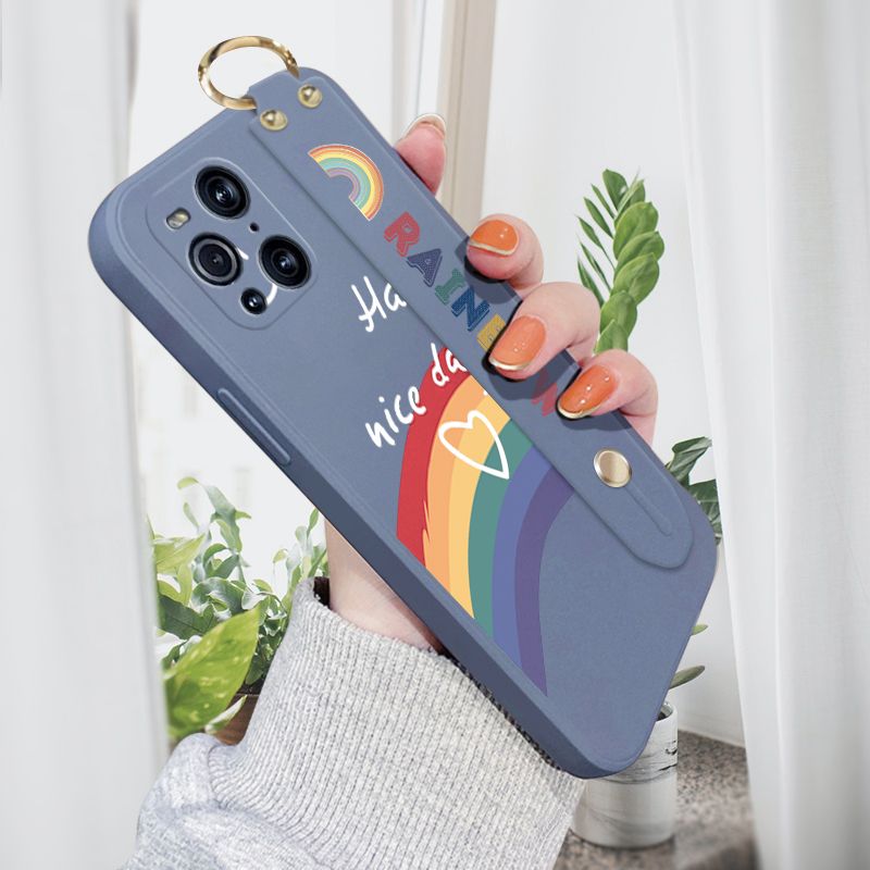 Jizetin for OPPO Find X3 Pro Wrist Strap Case INS Style Smile Rainbow Cover Ultra Thin Anti Fall Liquid Silicone Phone Case